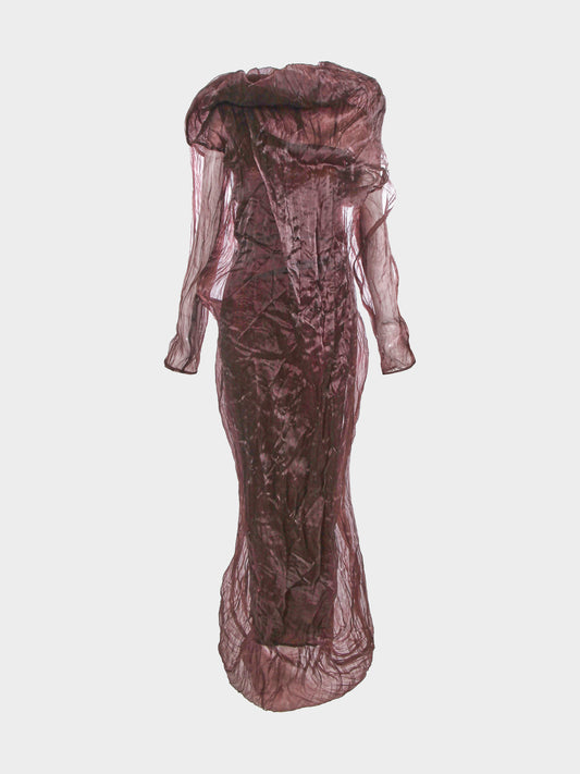 Issey Miyake SS 1998 Brown Sheer Crinkled Silk-blend Dress
