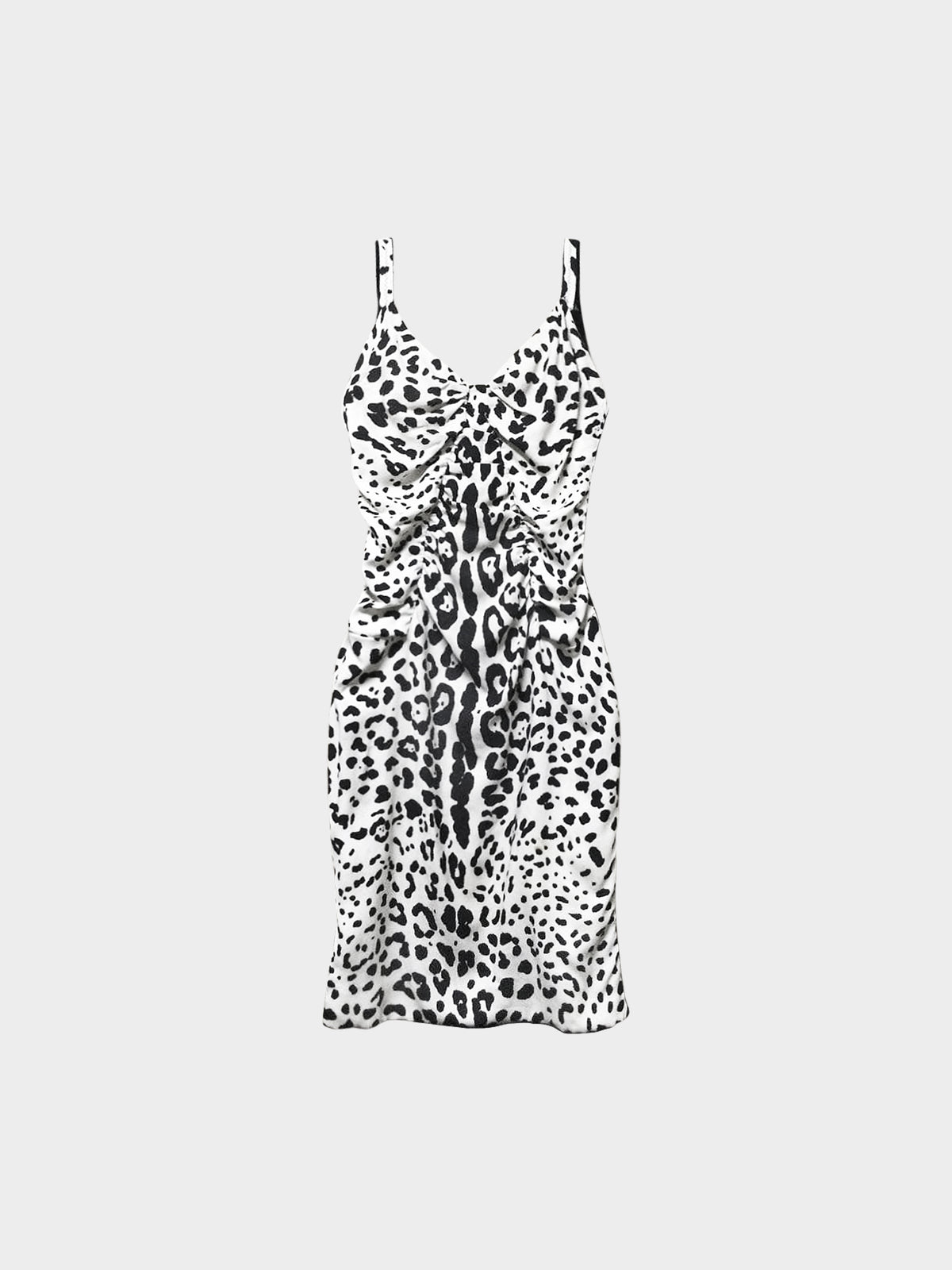 Dolce and Gabbana 2000s Black and White Leopard Print and Lace Ruched Dress