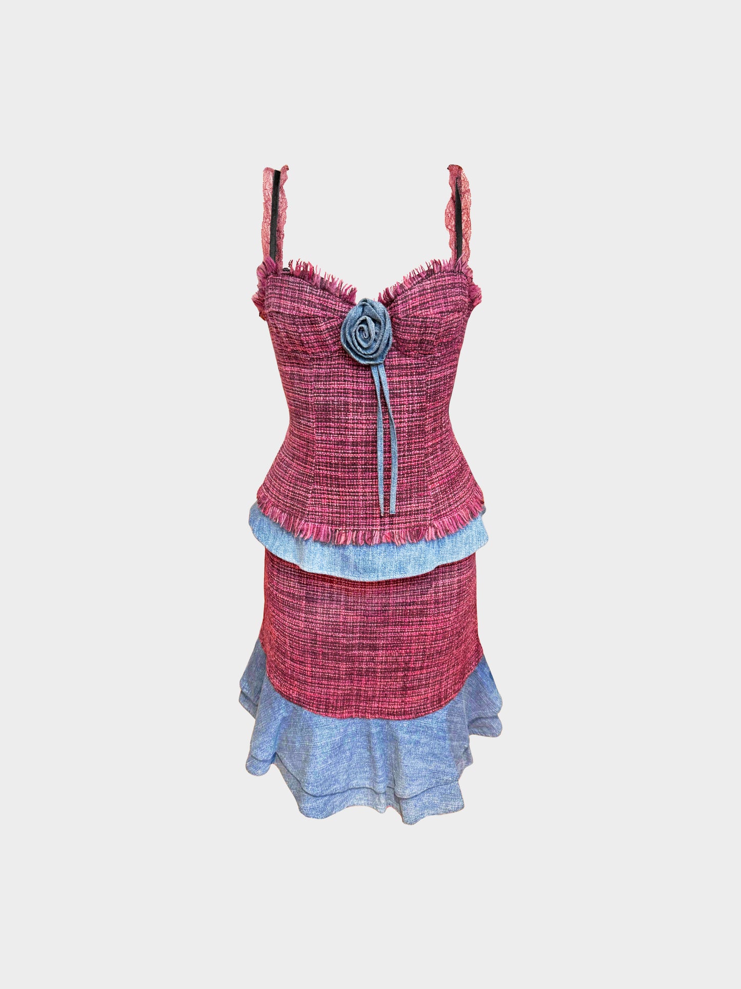 Dolce and Gabbana 2000s Burgundy and Denim Trim Tweed Top and Skirt Set