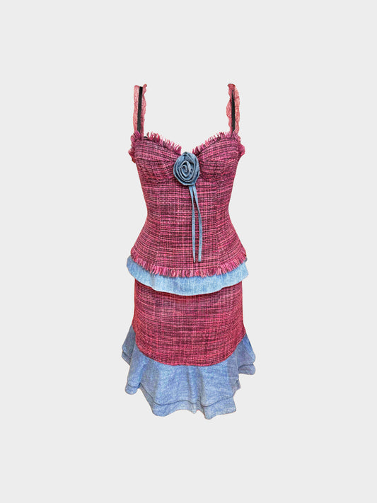 Dolce and Gabbana 2000s Burgundy and Denim Trim Tweed Top and Skirt Set
