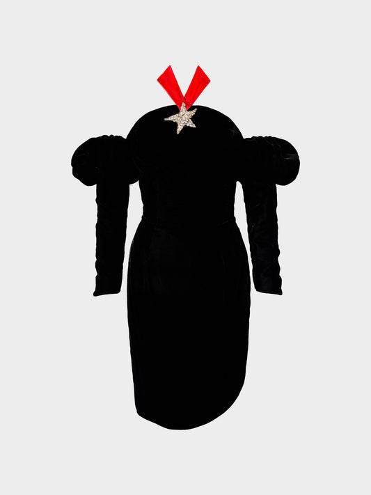 Thierry Mugler 1998 Black Off Shoulder Long-sleeved Velvet Dress