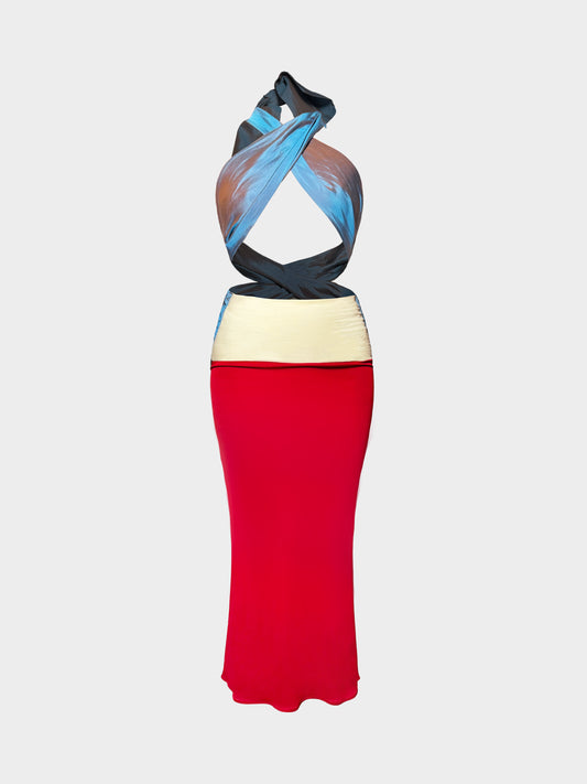 Jean Paul Gaultier 1990s Tie-up Color Block Cotton and Silk Dress/Maxi Skirt