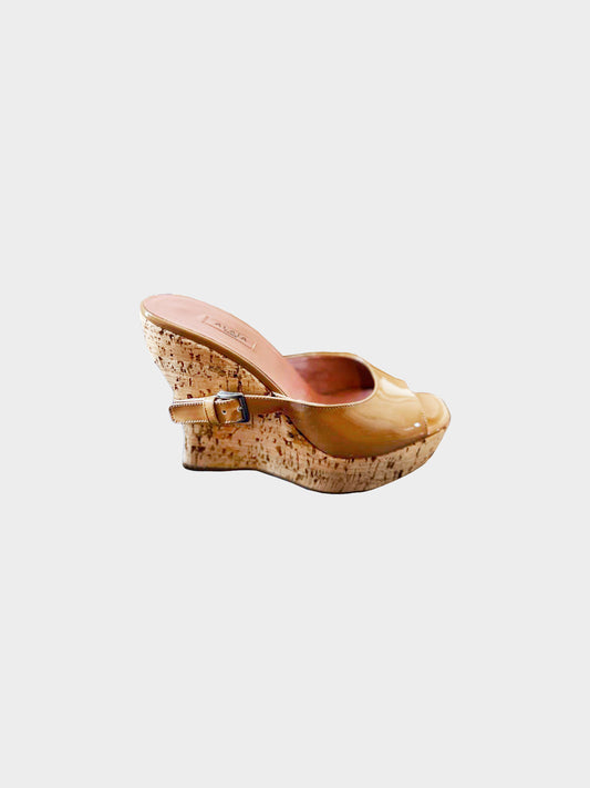 Azzedine Alaïa 2000s Beige Patent Leather Cork Wedge Sandals