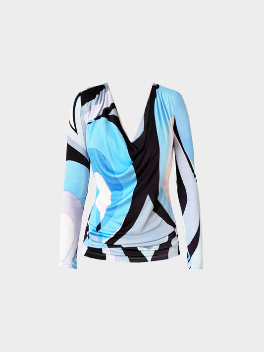 Emilio Pucci 2010s Blue and Black Geometric Print Long-sleeved Top