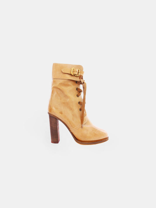 Chloé 2000s Beige Leather Lace-up Calf Boots