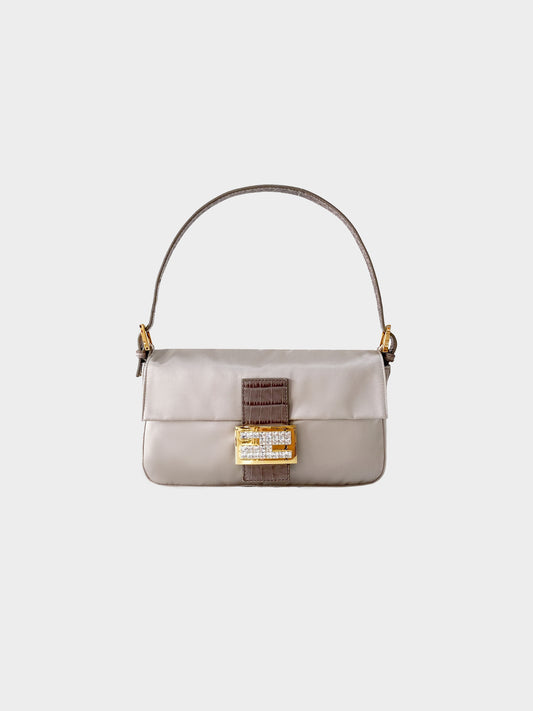 Fendi 2000s Smoke Beige Satin and Croc Leather Baguette with Rhinestones