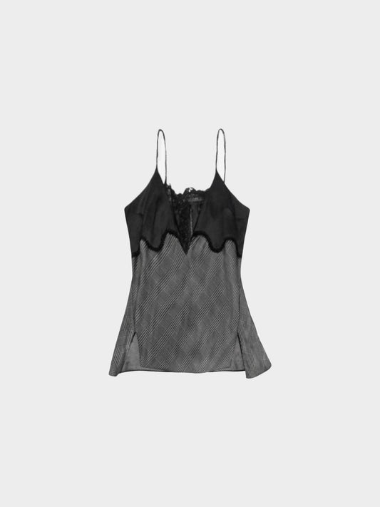 La Perla 2000s Rare Black and Grey Check Pattern and Lace Cami Top