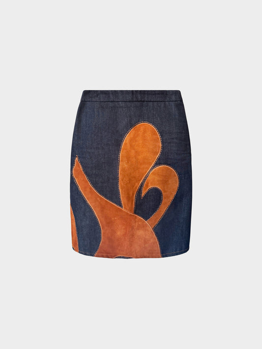 Dolce & Gabbana D&G 2000s Denim Skirt with Brown Suede Appliques