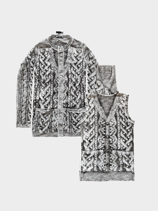 Jean Paul Gaultier 2000s Illusion Cable Knit Printed Mesh High Neck Top and Cardigan Set