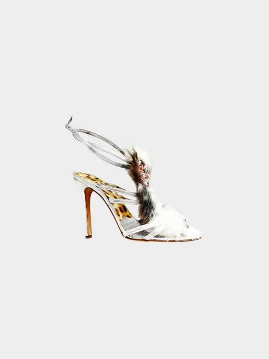 Roberto Cavalli 2000s Rare Fur and Jeweled Silver Leather Heels