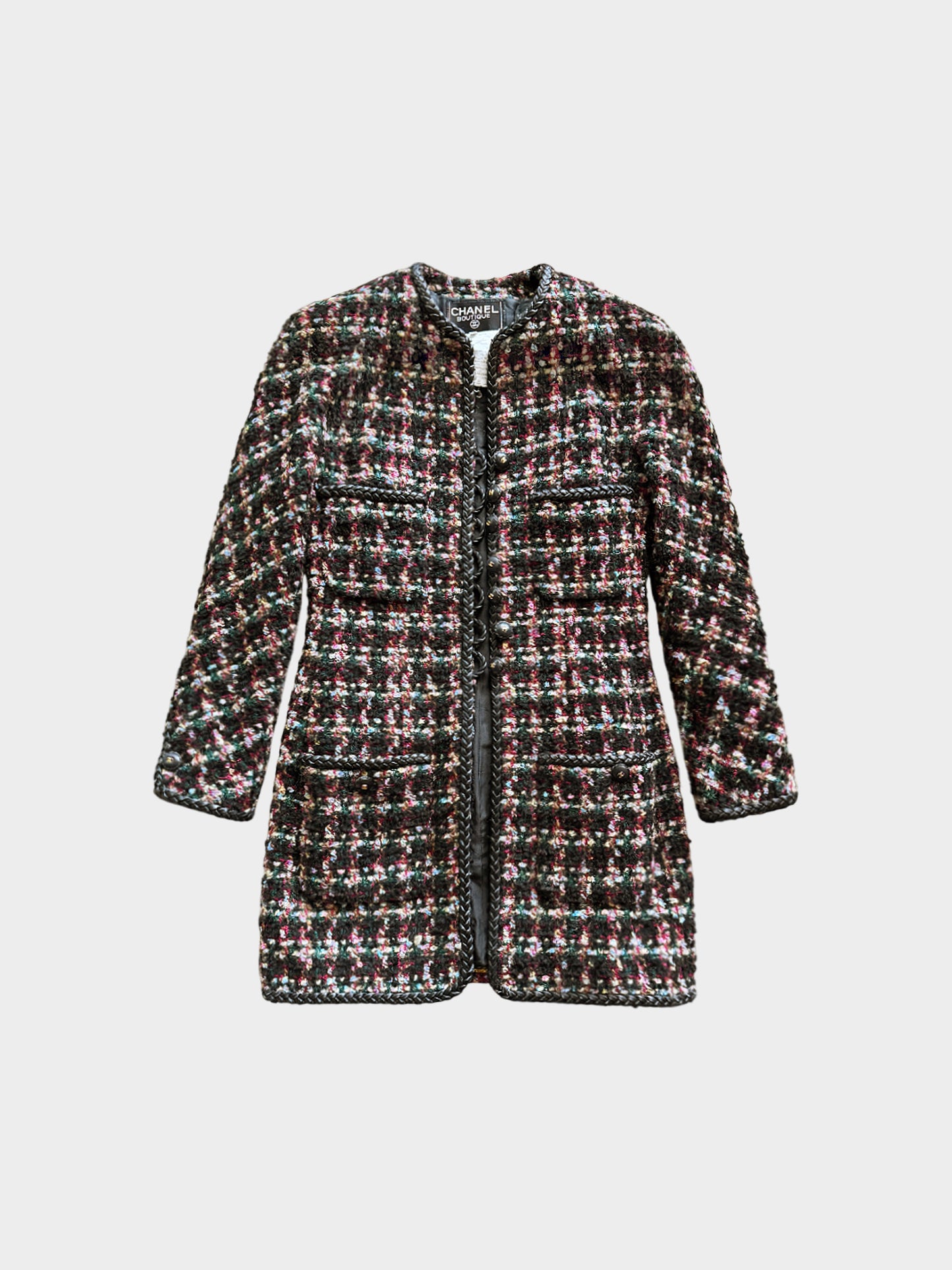 Chanel Early 1990s Multicolor Wool Tweed Boucle Jacket with Braided Leather Trim