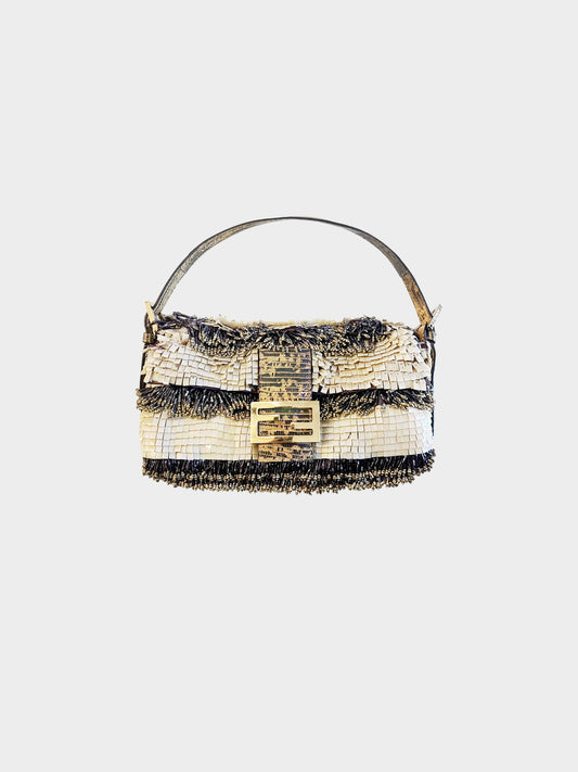 Fendi 2000s Mother of Pearl Beaded Baguette with Lizard Trim