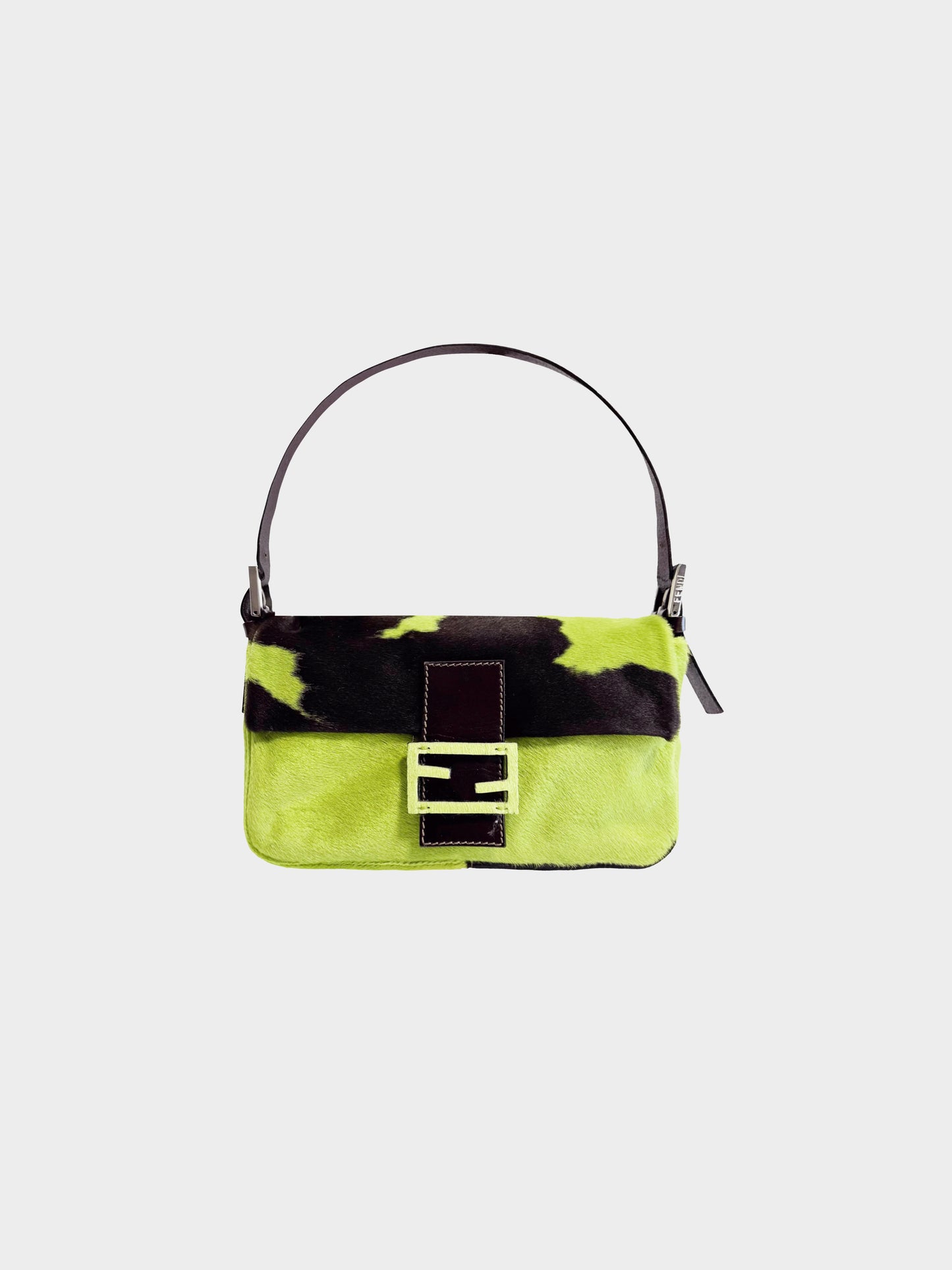Fendi 2000s Green and Black Pony Hair Cow Print Baguette