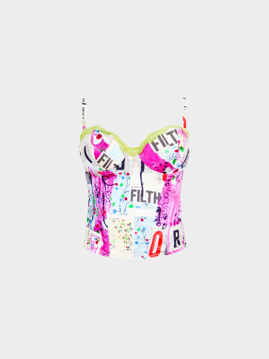 Christian Dior SS 2003 Filth Print Silk & Lace Bustier Top