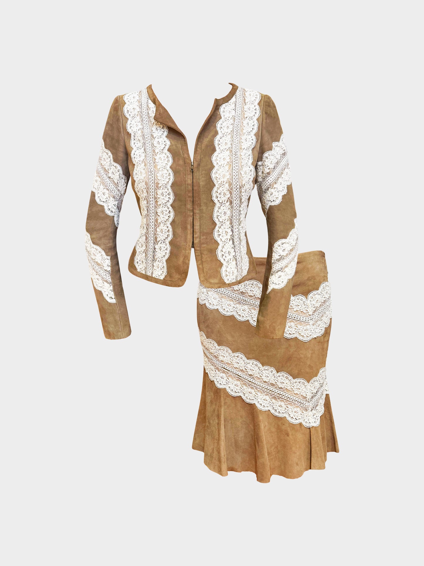 Valentino 1990s Brown Suede and Lace Jacket and Skirt Set