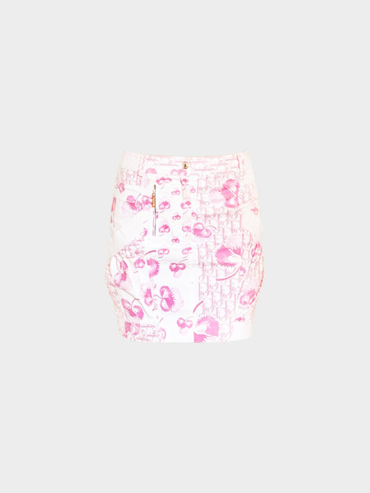 Christian Dior by John Galliano 2005 Pink and White Cherry Blossom Monogram Print Skirt