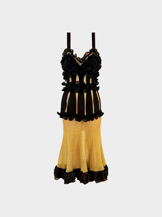 Alexander McQueen 2000s Black and Gold Mesh Knit Ruffled Long Dress