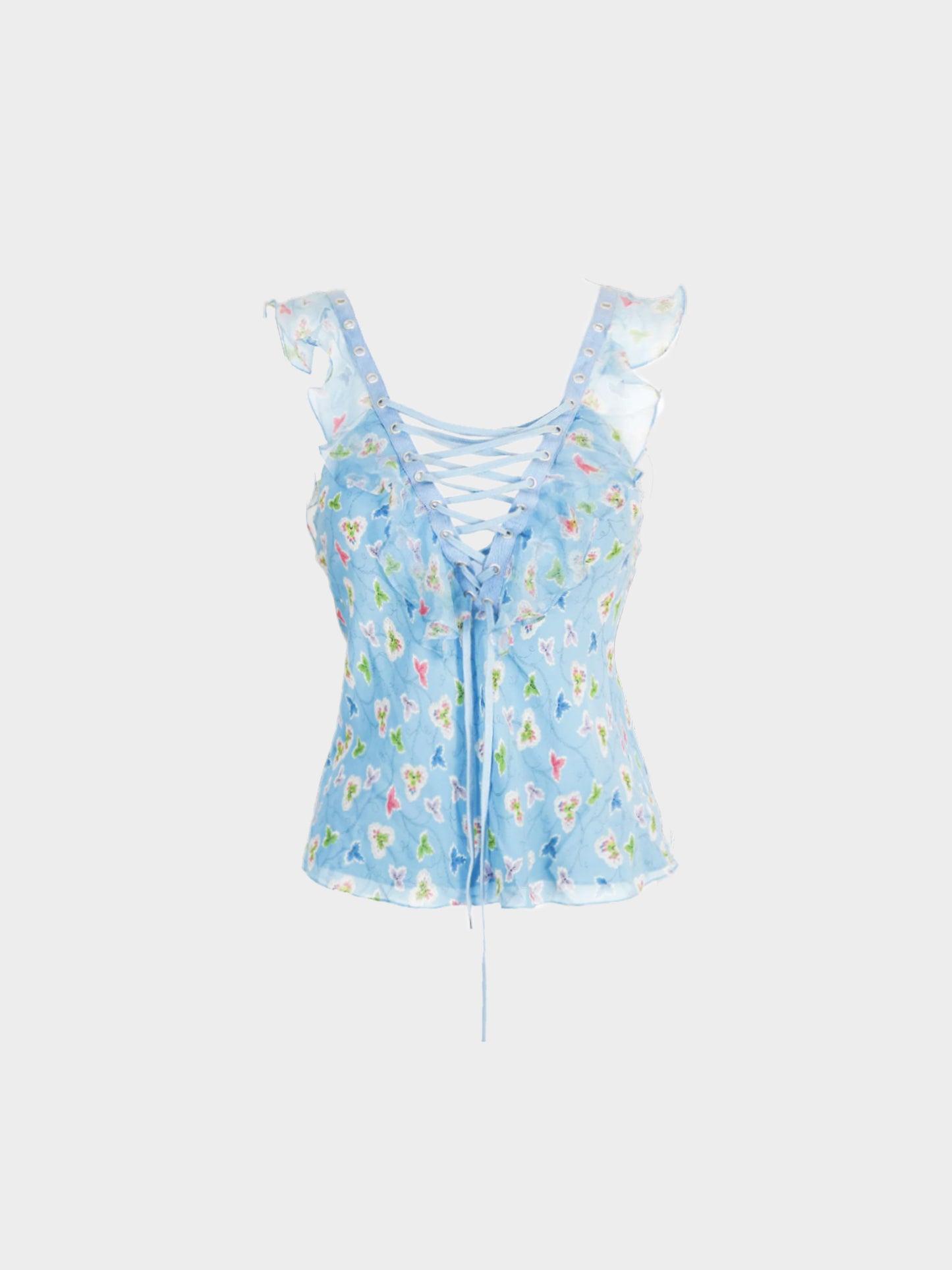 Christian Dior SS 2003 Blue Floral Print Chiffon Silk Top