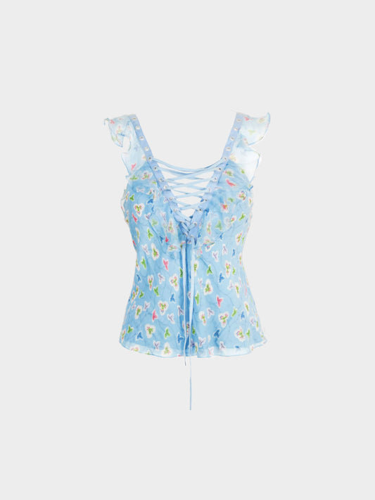 Christian Dior SS 2003 Blue Floral Print Chiffon Silk Top