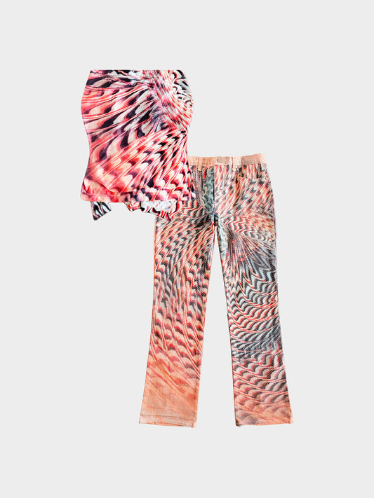 Roberto Cavalli SS 2001 Multicolored Psychedelic Printed Top and Studded Pants Set