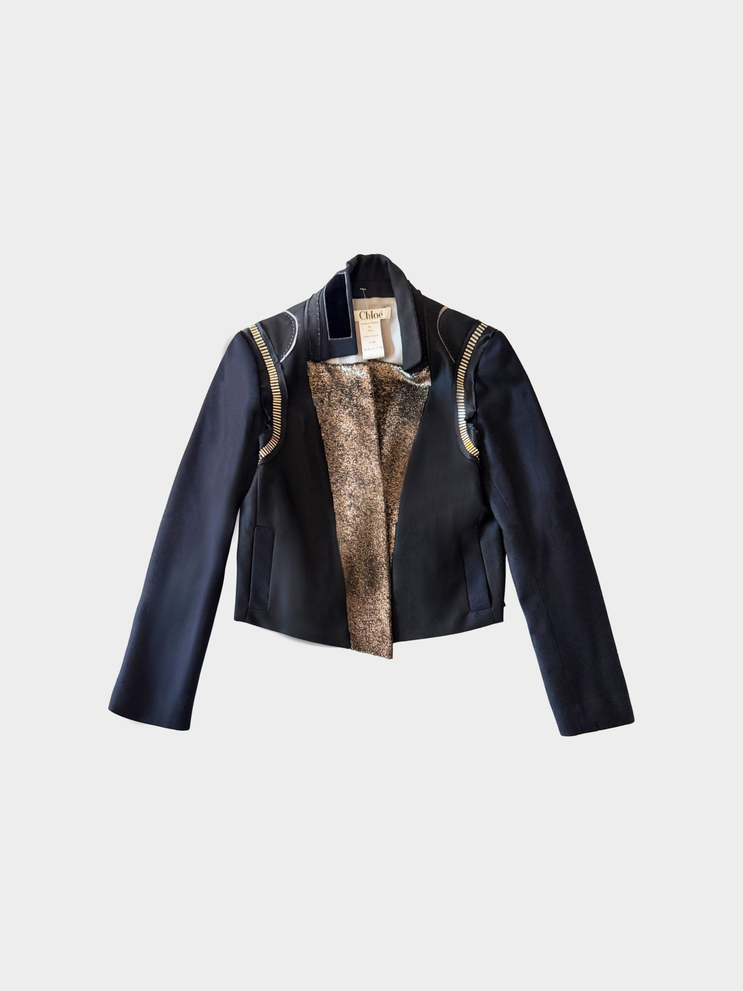 Chloé 2005 Navy Blue Wool-blend Sequins Cropped Jacket