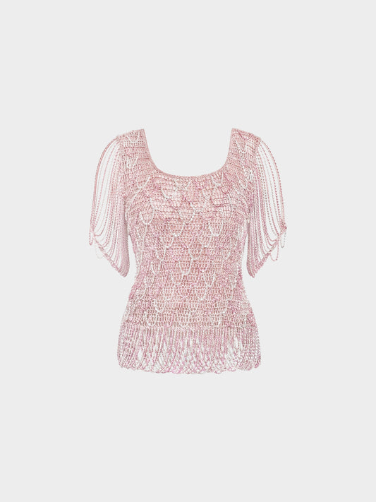 Loris Azzaro 1970s Pink and Silver Lurex Crochet Chain Top