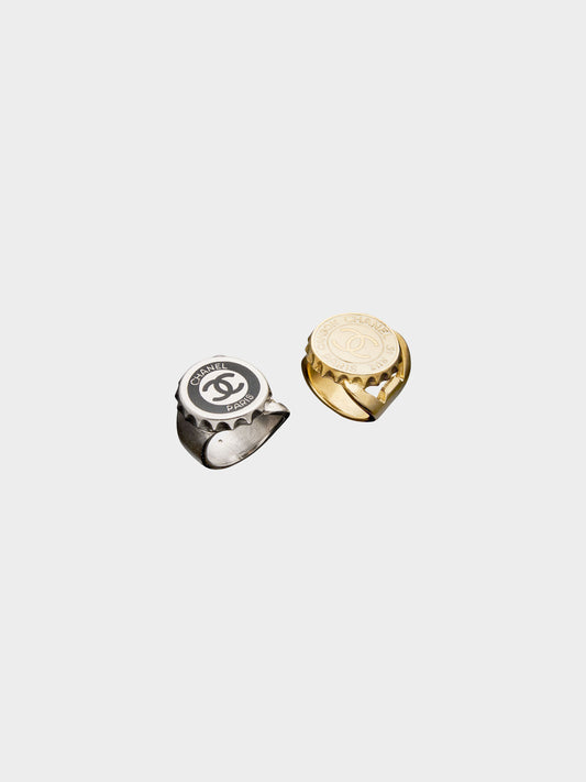 Chanel SS 2006 Matte Gold and Silver Bottle Cap CC Ring Set