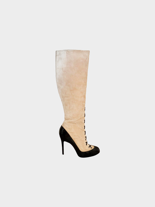 Christian Louboutin 2010s Beige Suede and Black Vinyl 'Gwendoline' Stiletto Boots