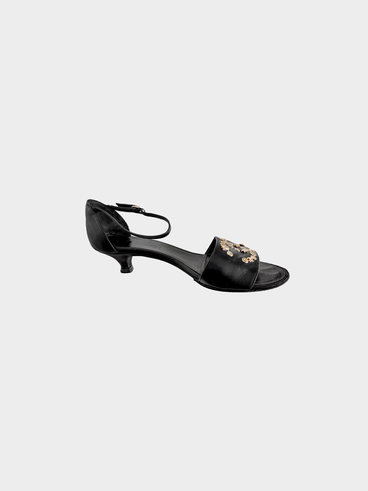 Chanel 2008 Black Leather CC Studded Kitten Heels