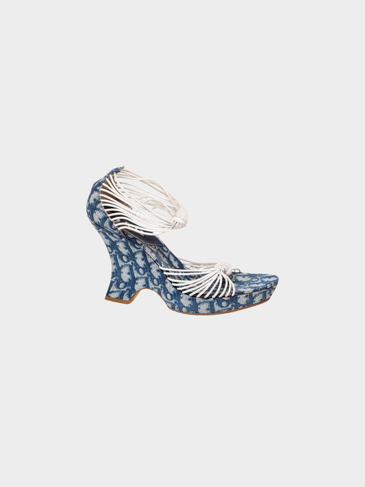 Christian Dior 2000s Navy Trotter Canvas Wedge Sandals
