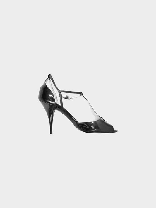 Chanel 2000s Black Patent Leather Peep Toe Heels