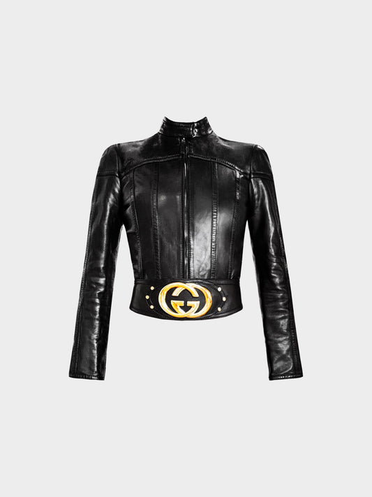 Gucci 2000s Black Leather GG Belted Jacket