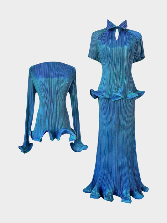 Issey Miyake 1990s Blue Pleated Sculptural 3-Piece Set