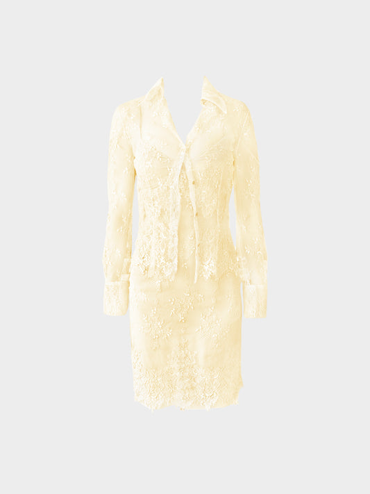 Valentino 2000s Light Yellow Lace Sheer Top and Dress Set