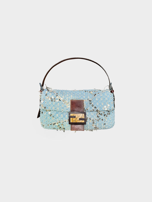 Fendi 2000s Rare Denim Blue Sequin and Glitter Baguette Bag