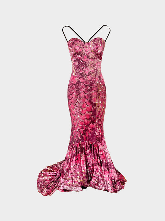 Roberto Cavalli 2000s Just Cavalli Pink Scale Pattern Print Silk Long Dress