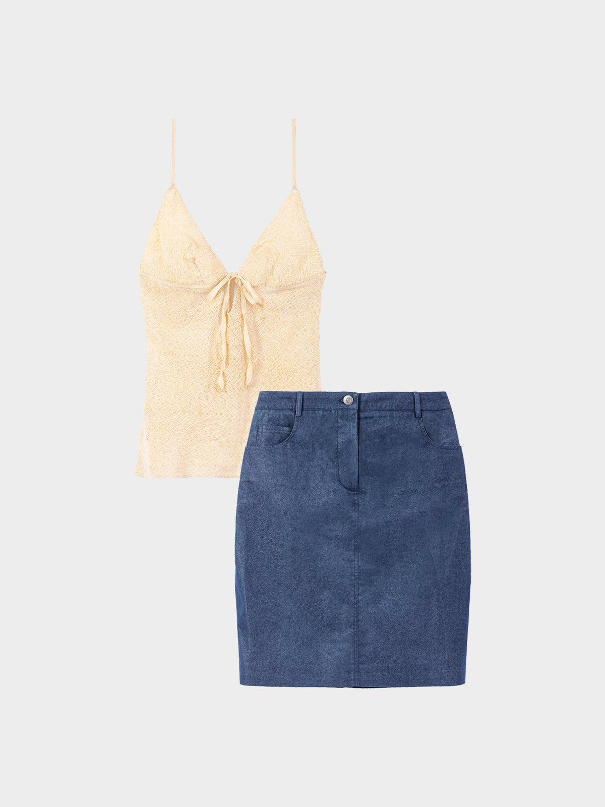Chanel 2000s Beige Cami Top and Denim Skirt Set