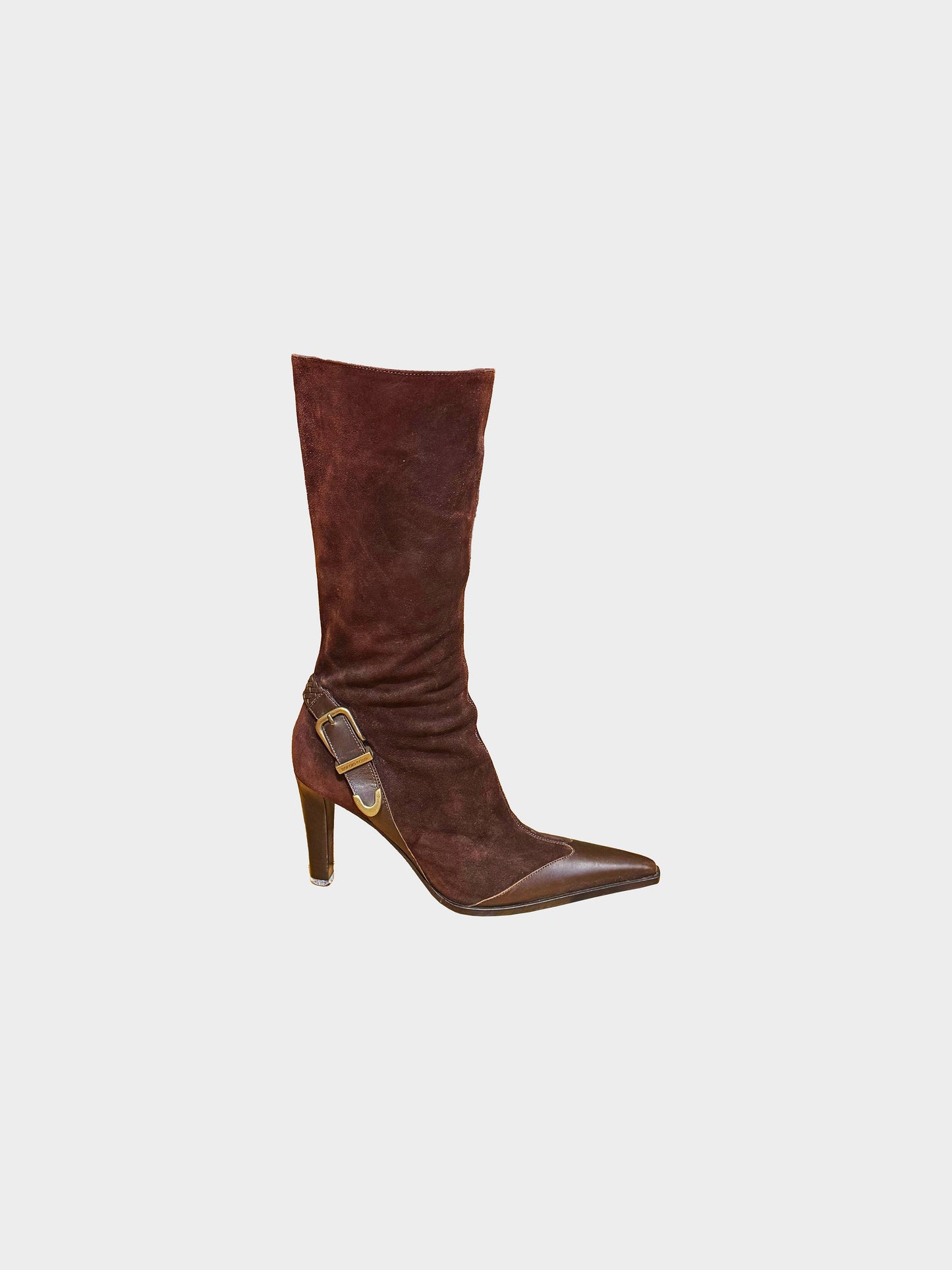 Sergio Rossi 2000s Brown Suede Belted Mid-calf Pointed Boots