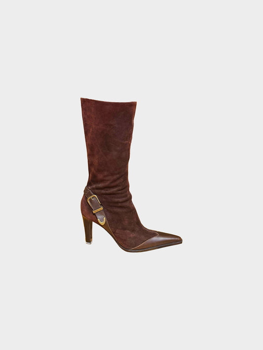 Sergio Rossi 2000s Brown Suede Belted Mid-calf Pointed Boots
