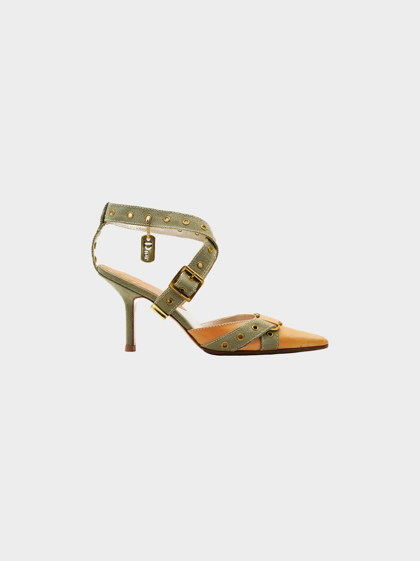 Christian Dior by John Galliano SS 2002 Runway Khaki and Brown Canvas Leather Slingback Pumps
