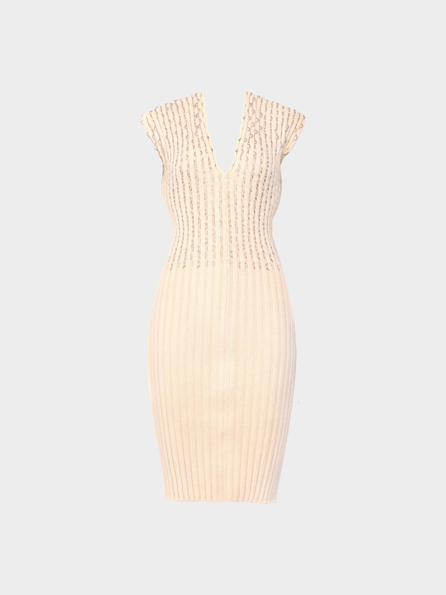Paco Rabanne FW 2000-2001 Beige Fitted Knit Dress with Metal Rings