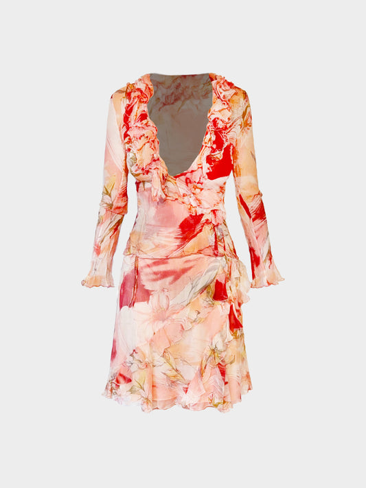 Blumarine 1990s Pink and Red Floral Ruffled Silk Top and Skirt Set