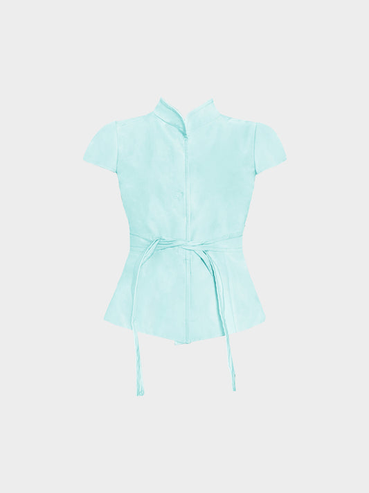 Valentino 1990s Turquoise Cotton Short Sleeve Belted Jacket