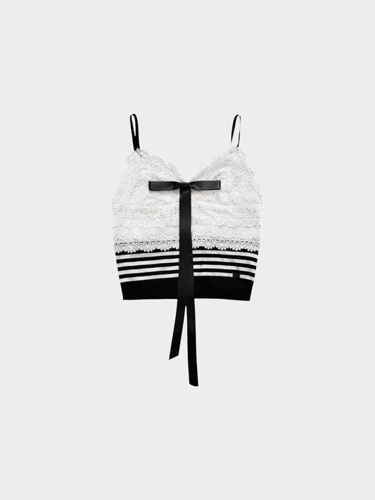 Chanel SS 2005 Black and White Lace and Stripe Printed Top