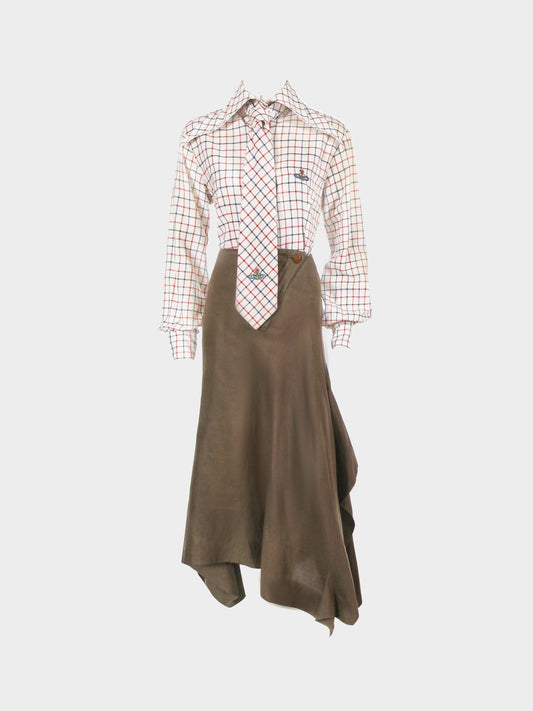 Vivienne Westwood 1993 Check Pattern Cotton Shirt and Military Green Asymmetrical Skirt Set