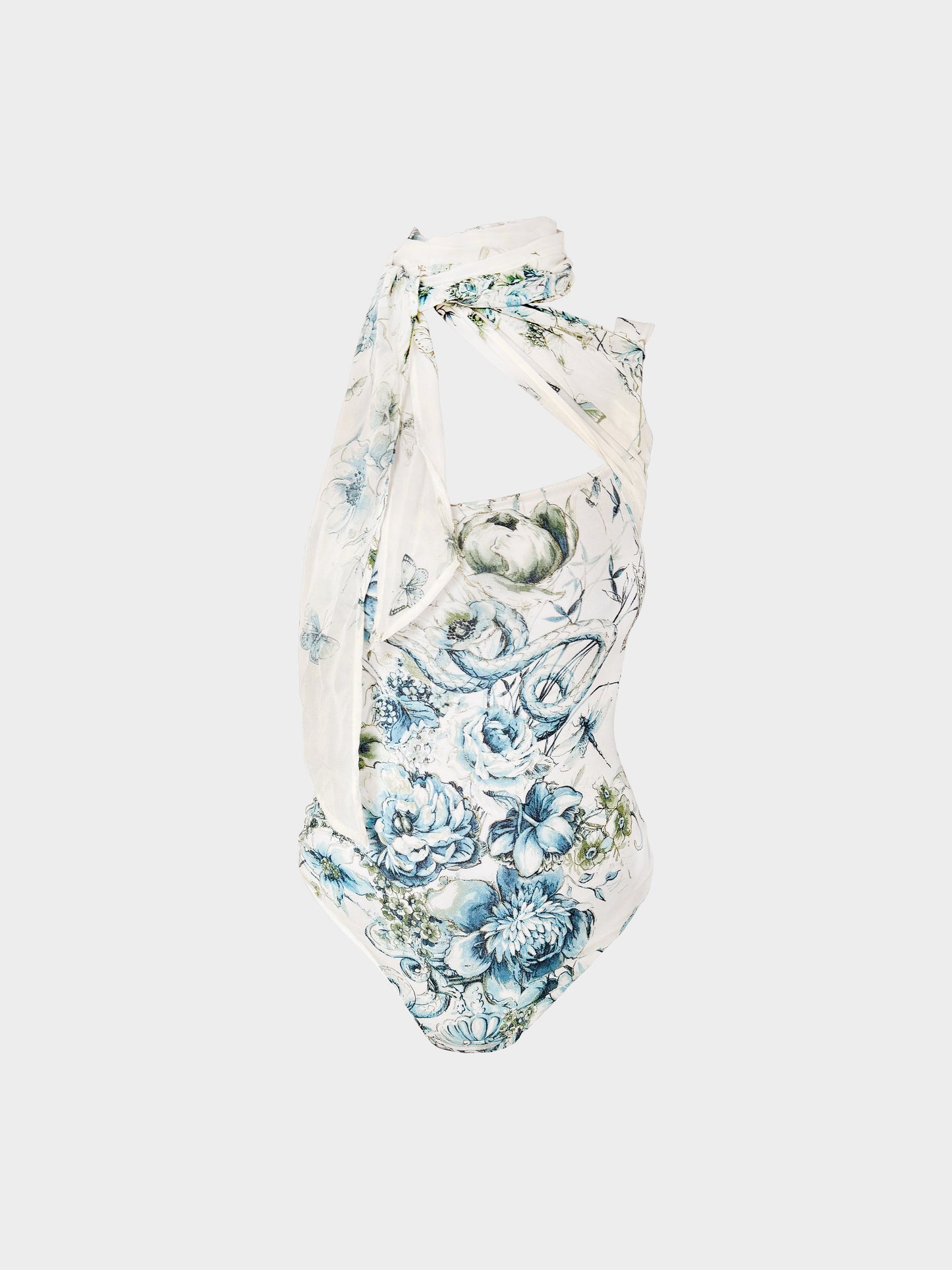Roberto Cavalli 2000s White and Blue Floral Snake Print One-piece Swimsuit