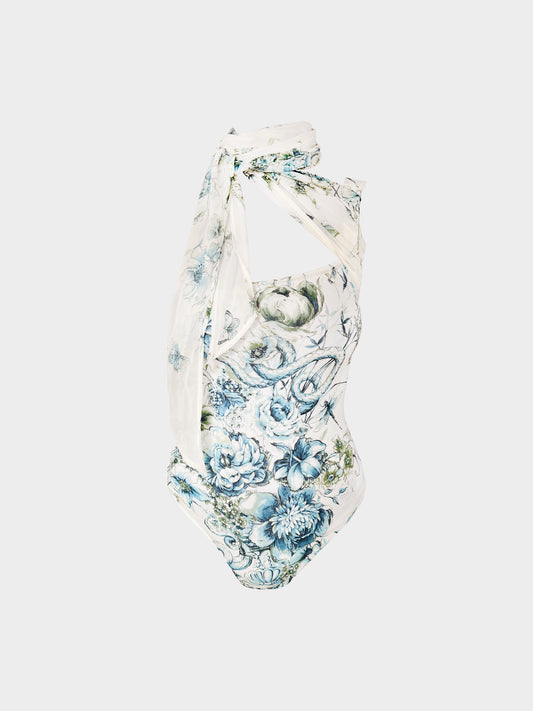 Roberto Cavalli 2000s White and Blue Floral Snake Print One-piece Swimsuit