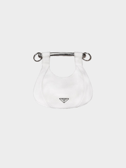 Prada 2000s White Leather Vitello Daino Metal Bar Top Handle Bag