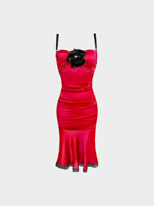 Dolce and Gabbana 2000s Red Satin Dress with Black Flower