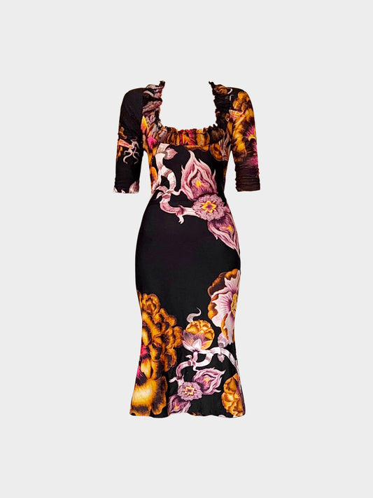 Roberto Cavalli 2000s Black Floral Print Three-Quarter Sleeve Midi Dress